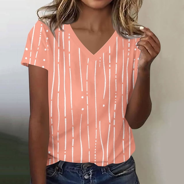 Haivin Womens Short Sleeve Tops 2024 Trendy Summer T Shirt Casual V Neck Pullover Button Printed Blouse Plus Size Tees