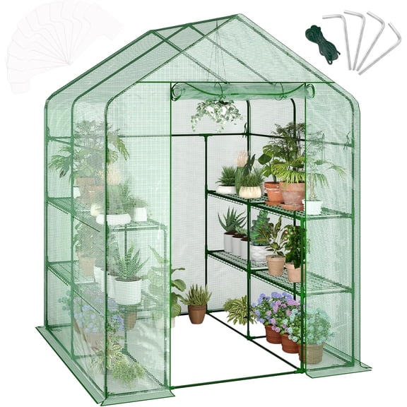 4.7x4.7x6.4 Ft Walk-In Greenhouse 12-Shelf Portable Plant Shelter with Thick PE Cover and Roll-Up Zipper Door