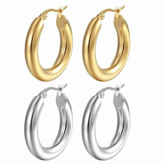 Chunky 14K Gold & Silver Plated Hoop Earrings for Women, 30mm Lightweight Thick Round Tube Design, Hypoallergenic 925 Sterling Silver Post (2Pair)