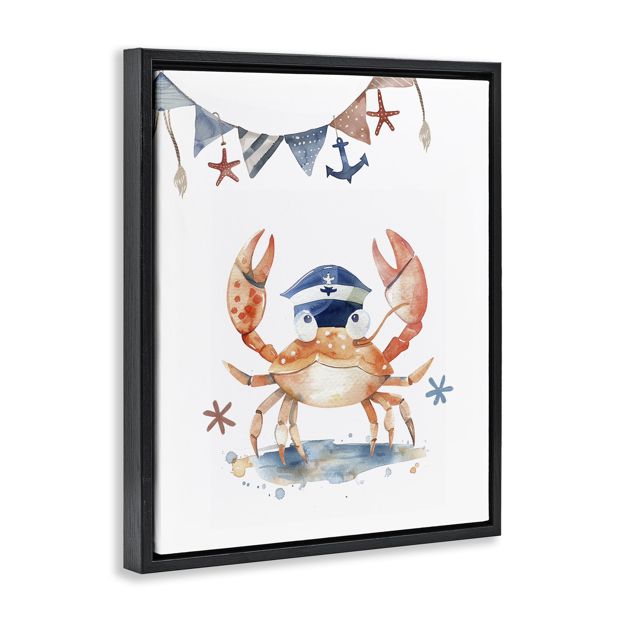 Stupell Industries Crab in Sailor Hat Animals Painting Black Floater Framed Canvas Art Print Wall Art, 25 x 31