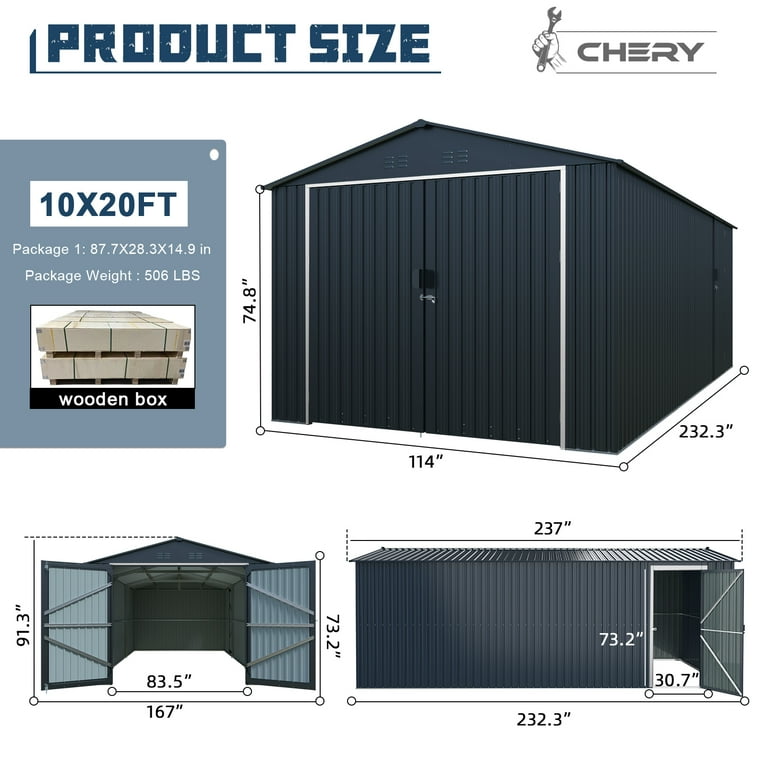 10'x20' Plus Upgraded Metal Garage Shed with Double Front Doors