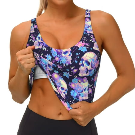 Qokaie cool flower Skull Pattern Womens Scoop Neck Sports Bra Breathable Workout Vest Padded U Back Medium Impact Fitness Gym Yoga Bra Workout Crop Top