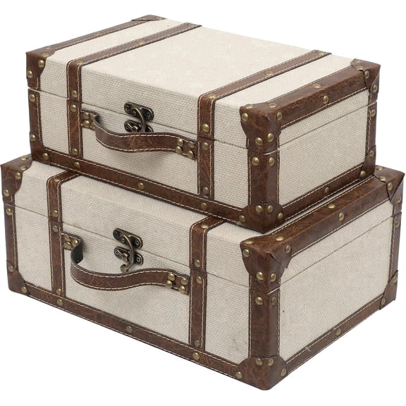 Vintage Fabric Storage Boxes with Brown Faux Leather Accents, Set of 2, Decorative Organizer for Jewelry, Documents, or Home Decor