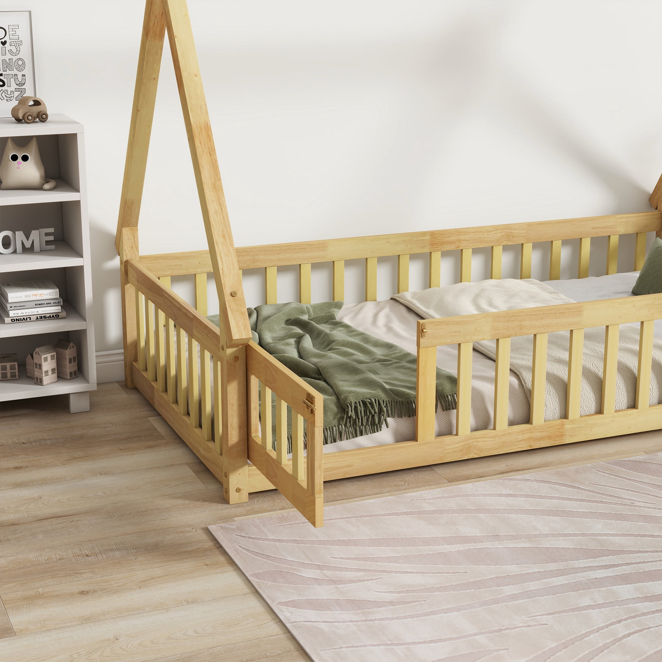 Noble House Misty Twin Teepee Floor Bed with Safety Fence and Door, Solid Rubber Wood Tent Bed, Kid's Room, Natural