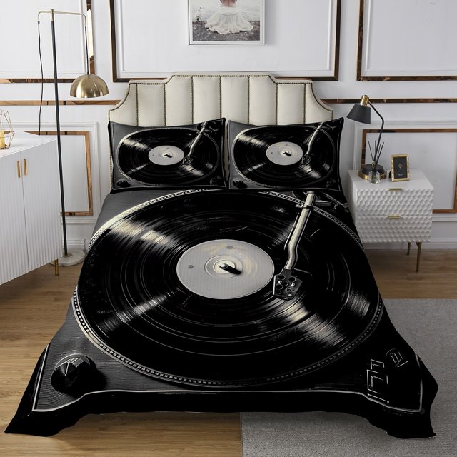 Erosebridal 70s Party Vinyl Record Coverlet Set Twin, Retro Black Grey Phonograph Bedding Set 2pcs