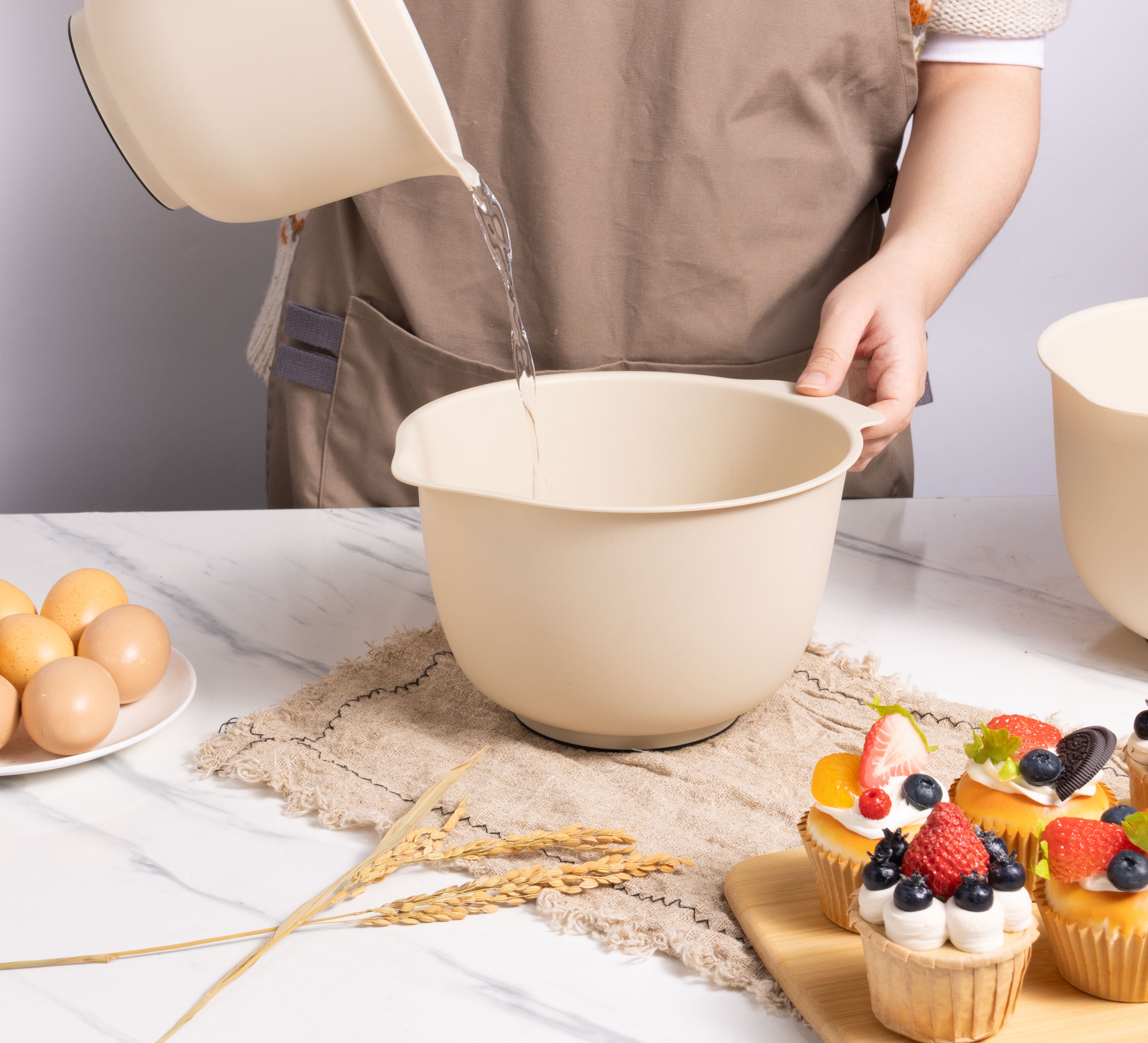 Mainstays 3 Pieces of Mixing Bowl Set, 50% RPP, Recycled Material, 11.81 in, Papyrus Beige