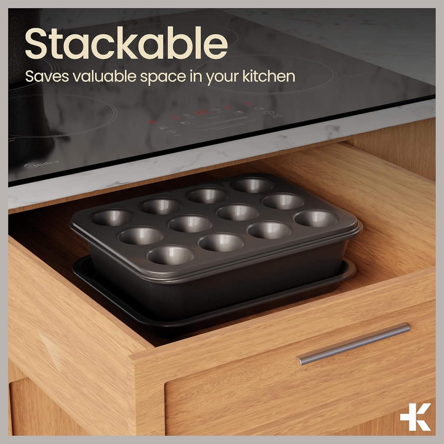 Bakken 4-Piece Bakeware Sets, Nonstick Carbon Steel Baking Sheet, Stackable Space-Saving Bakeware, Dishwasher Safe, Oven Safe 450°F, Black