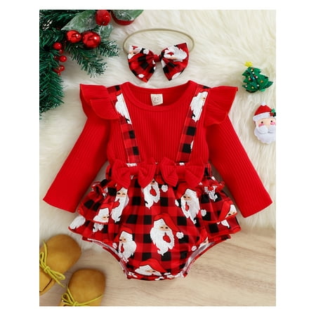 

Pudcoco Baby Girls Christmas Romper Set Long Sleeve Crew Neck Santa Claus/Candy Cane/Plaid Bodysuit + Headband