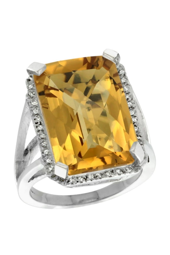 14K White Gold Diamond Natural Whisky Quartz Ring Emerald-cut 18x13mm, size 7