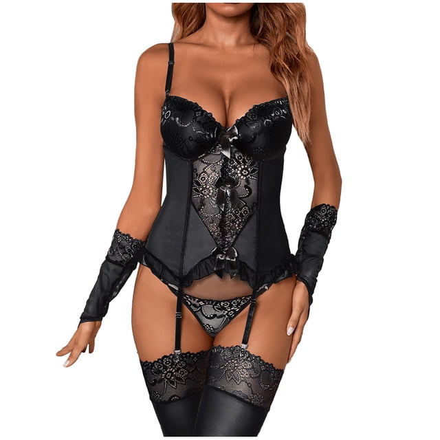 Gibobby Lencería sexy Lencería de malla con estampado de moda para mujer, conjunto de piezas, ropa interior Sexy con calcetines y guantes(Negro XXL)
