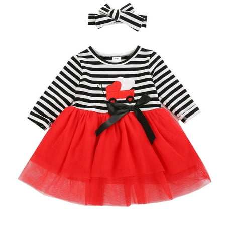 

TAIAOJING Baby Girl Clothes Toddler Kids Long Sleeve Letter Striped Patchwork Tulle Princess Dress With Headbands Set 2PCS Fall Outfits 18-24 Months