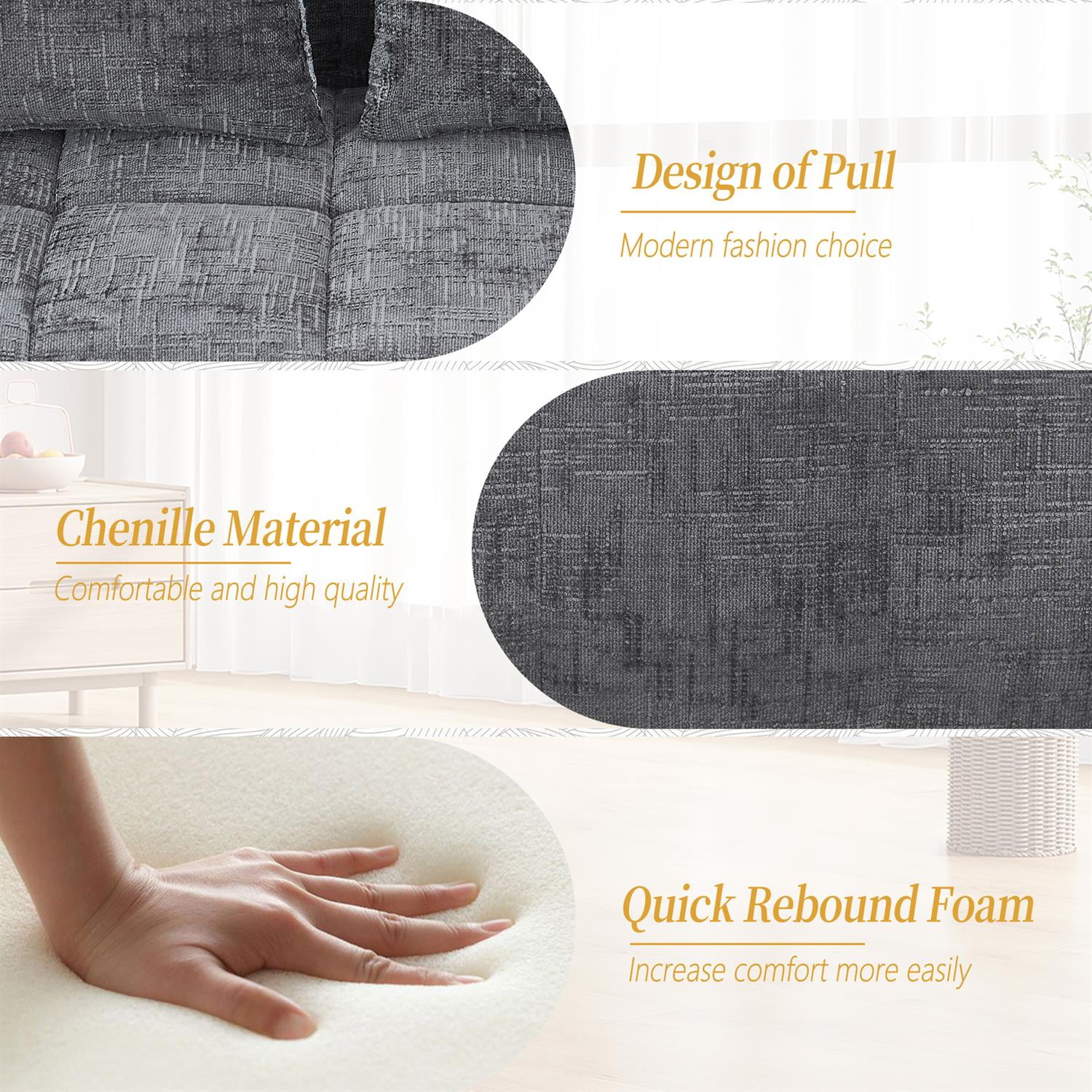 Demi Bonn 62" Plush Chenille Loveseat Sofa, Modular Sleeper for Living Room, Bedroom, Apartment Lounge, Stylish & Comfortable Couch, Gray