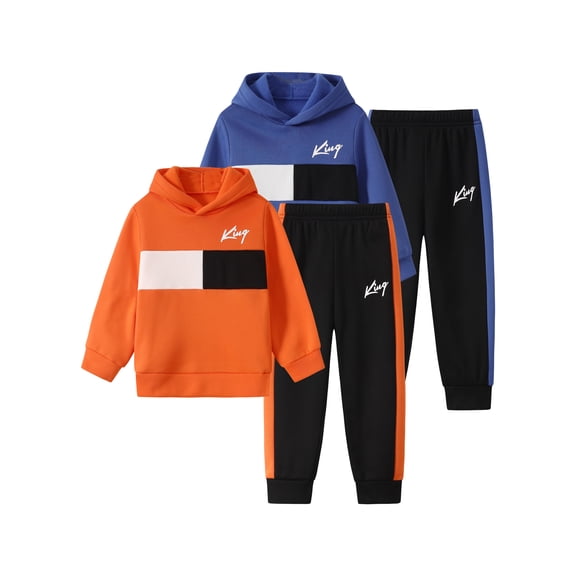 Fdqin Boys Hoodies Fall Outfits 4 Pcs Colorblock Letter Print Sweatshirt and Jogger Pants Set Winter Pullover Sweatsuit Orange Blue 9-10 Years