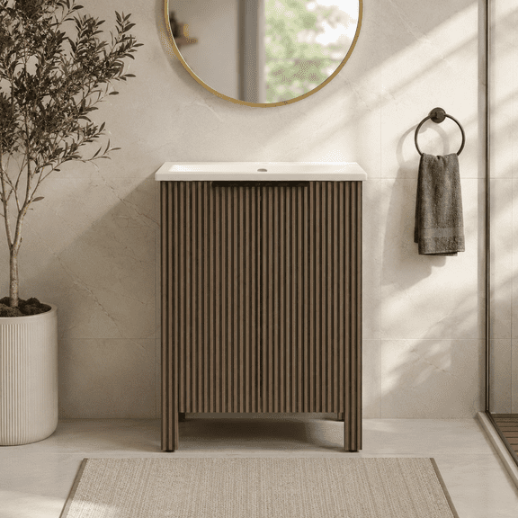 23.2" Bathroom Vanity with Sink, Brown Freestanding Bathroom Vanity Cabinet with Ceramic Basin, Modern Slatted Bathroom Sink Cabinet with Storage, Full Assembly Required