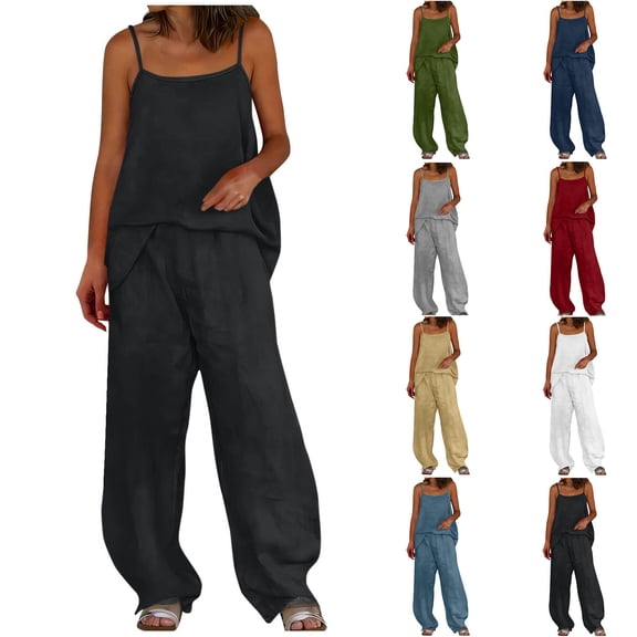 Cotton Linen Sets for Women Sleeveless Spaghetti Straps Tank Tops and Wide Leg Pants 2 Piece Outfit Loose Lounge Wear Matching Set Oversized Tracksuits Sportswear Plain Activewear