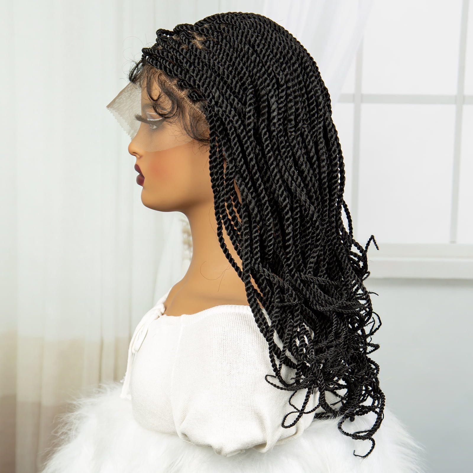 Twist Braided Wigs 20 Inches Lace Frontal Lightweight Synthetic Square Knotless Box Braids Wigs Curly Ends with Baby Hair for Women (1B Color)