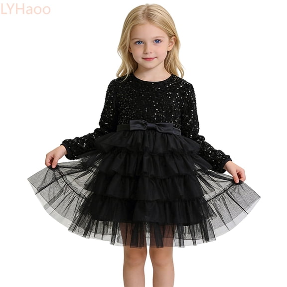 LYHaoo Sparkly Dress For Girls Party Tutu Gown Elegant Formal Occasion Shimmering Sequin Birthday Celebration Outfit,Little Girls Dresses Sizes 3-4 Years Black