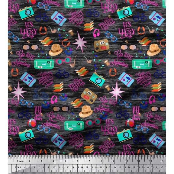 Soimoi Cotton Duck Fabric Camera,Hat & Briefcase Travel Print Fabric by The Yard 42 Inch Wide