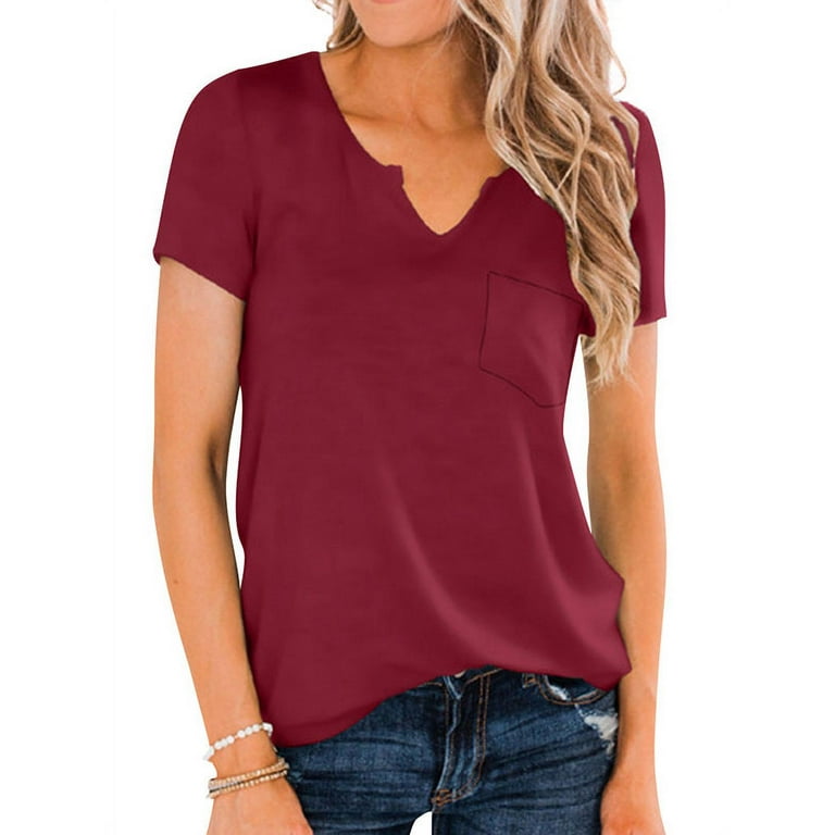 Women V Neck Short Sleeve Front Pocket T-Shirt