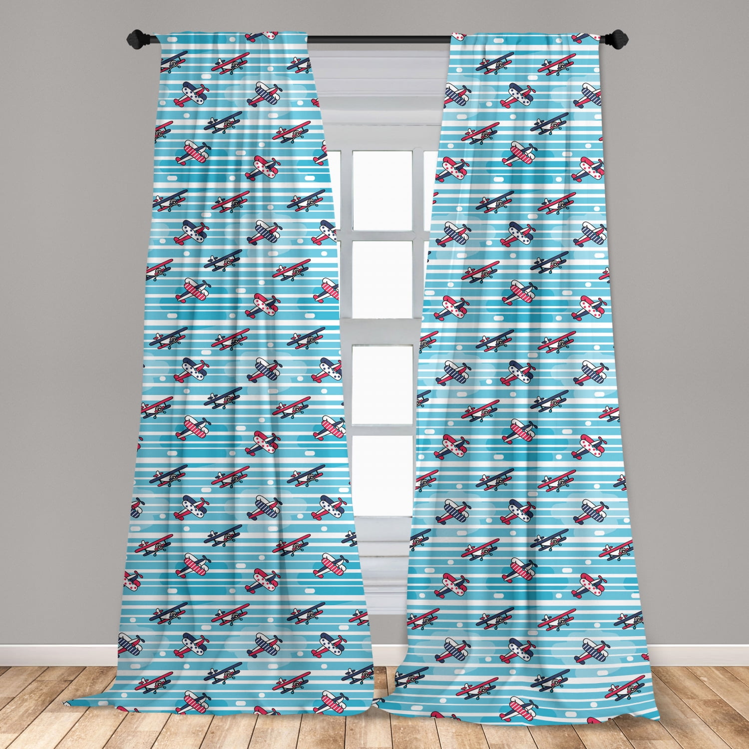 Vintage Airplane Curtains 2 Panels Set, Retro Colorful Propeller Planes