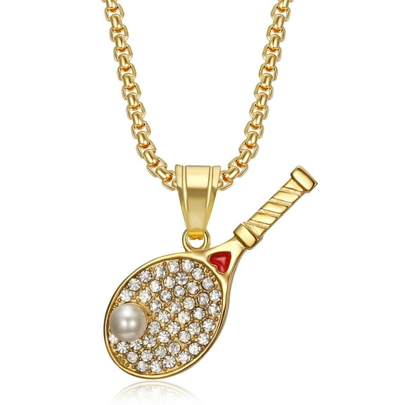NEGS 18K Gold Plated Tennist Racket Pendant 24'' Chain Tennis Racquets Player Sport Star Stainless Steel Necklace for Men Women
