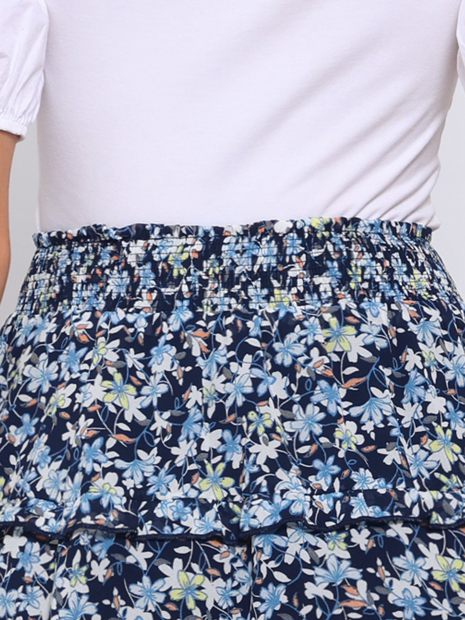 DARING DIVA Women's Smocked Elastic Waist A-Line Floral Chiffon Skirt S Navy