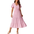 thumbnail image 1 of Vestido de lunares rosa M con escote en V, cintura elástica y mangas cortas de vuelo para mujer, casual de verano Inspire Chic, 1 of 6
