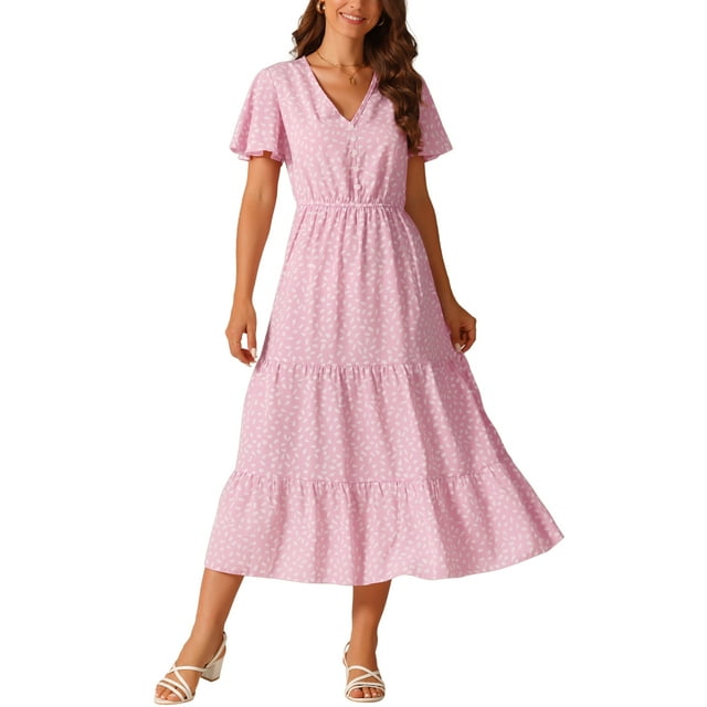 Vestido de lunares rosa M con escote en V, cintura elástica y mangas cortas de vuelo para mujer, casual de verano Inspire Chic