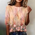 thumbnail image 2 of Domzest Half Sleeve Tops for Women Crew Neck Boho Floral Print Shirts Loose Fit Lightweight Dressy Casual Tunic Tops Yellow L, 2 of 6