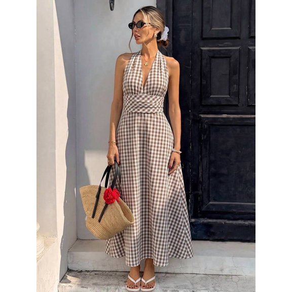 Womens Brown Plaid Halter Maxi Dress, Sleeveless Wrap V-Neck Summer