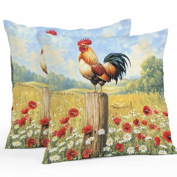 Rooster Outdoor Pillow Covers Pack of 2 Wildflowers Vintage Flowers Farm Watercolor Waterproof Throw Pillow Covers Decorative Cushion Cases for Patio Garden Tent Balcony Couch 24x24 inch