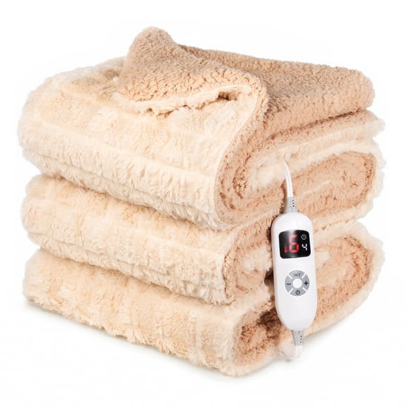 CalFancy Heated Blanket 50"x72", Oversized Faux Fur Electric Blanket with 6 Heat Settings 4H Timer ETL&FCC Certified, OEKO-TEX Fabric, Machine Washable, Beige
