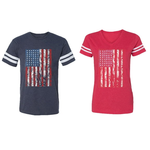 American Flag Matching Couple Cotton Jerseys (Men Navy / Women Red) (Men XXL / Women XL)