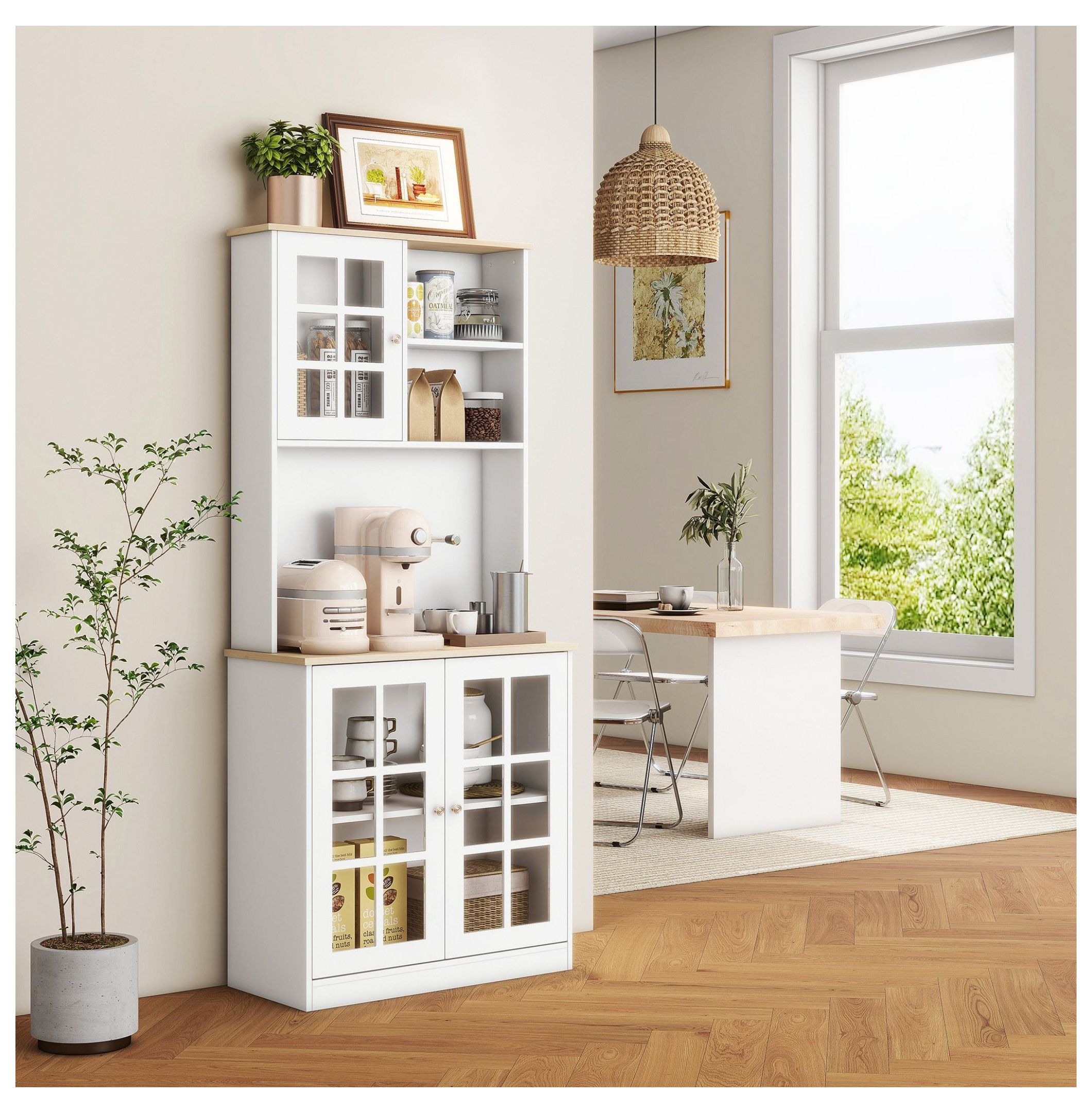 72" Kitchen Pantry Cabinet, Freestanding Storage with Hutch & Glass Doors, White