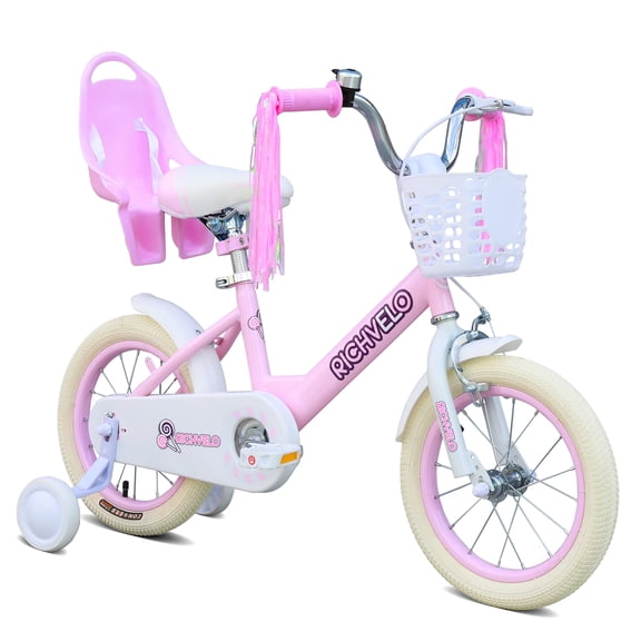 Princess Bicycle 12 14 16 Inch Pink White Steel Training Wheels Adjustable Saddle Front Basket Doll Seat Streamers