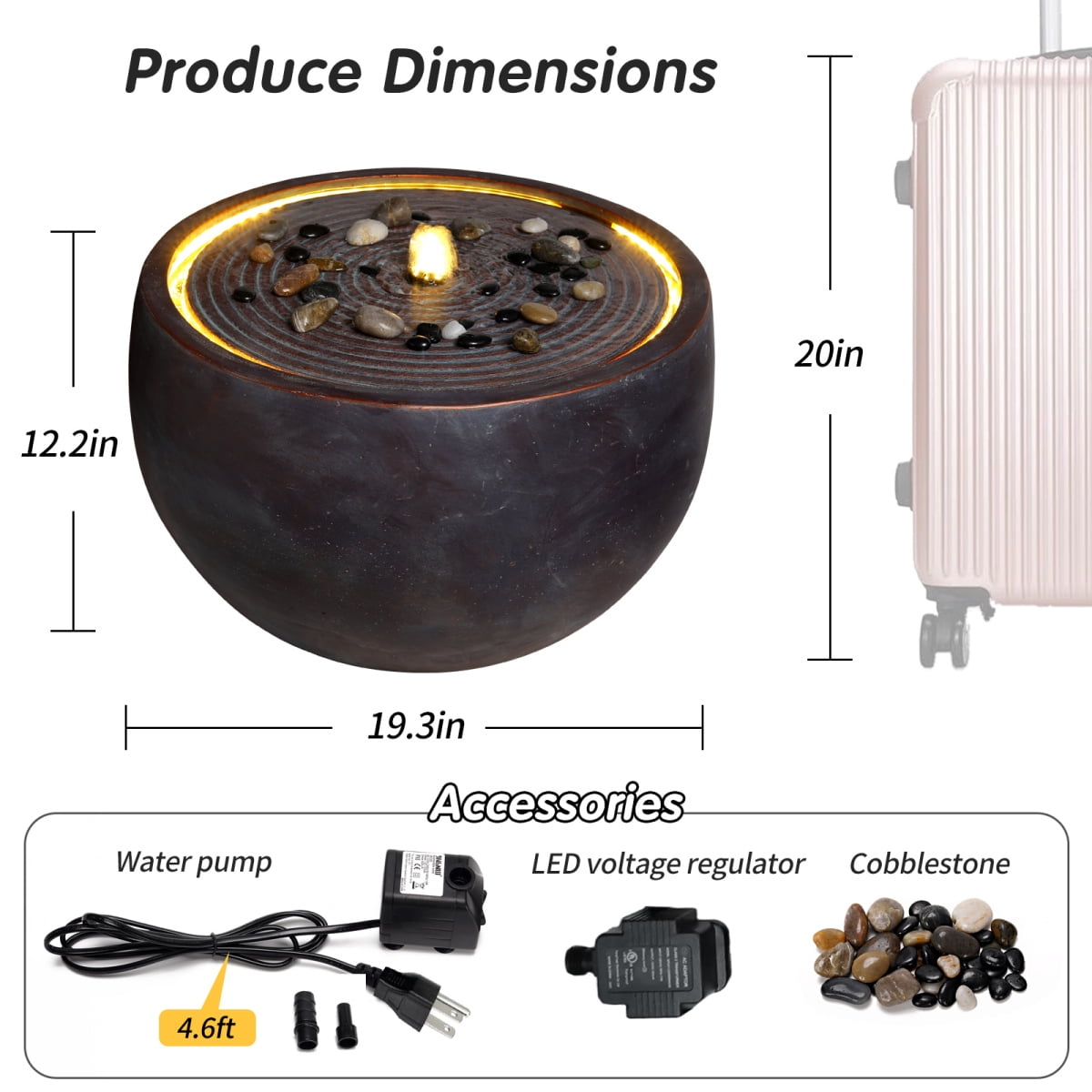 19.3" Modern Zen Bowl Water Fountain with Warm LED Light, Large Outdoor Patio Water Feature, Weather-Resistant Dark Stone-Look Fountain with Calming Water Flow for Backyard, Garden & Home Decor