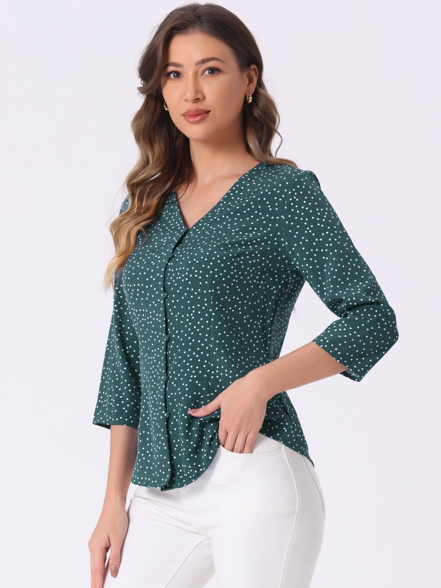 DARING DIVA Women's Polka Dots 3/4 Sleeve Button Front V Neck Blouse M Teal Green