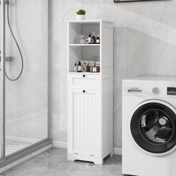 White Laundry Cabinet With Compact Design - One Compartment, Drawer, E1 , Painted For Space Optimization Tilt-out Sorter In Crafted And Exterior