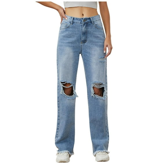POIUYTR Ripped Wide Leg Jeans for Women High Waist Baggy Straight Stretchy Denim Pants Boyfriend Trendy Distressed Jeans Trouser