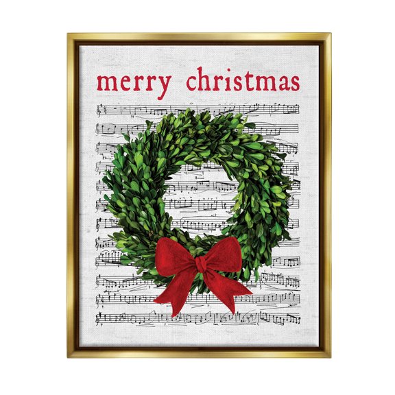 Stupell Industries Merry Christmas Song Wreath Graphic Art Metallic Gold Floating Framed Canvas Print Wall Art, Design by Lettered and Lined