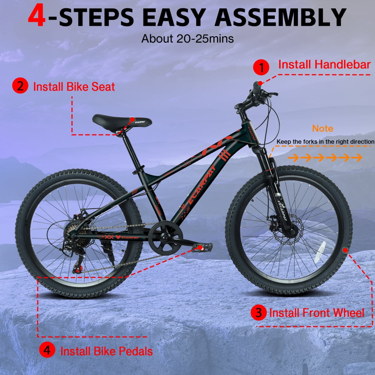 LuckyNote 24 Inch 21 Speed Mountain Bike, Adult Mountain Bicycle with Front Suspension Dual Disc Brakes Steel Frame Non-Slip Tires for Men Women Outdoor Cycling, Black and Red