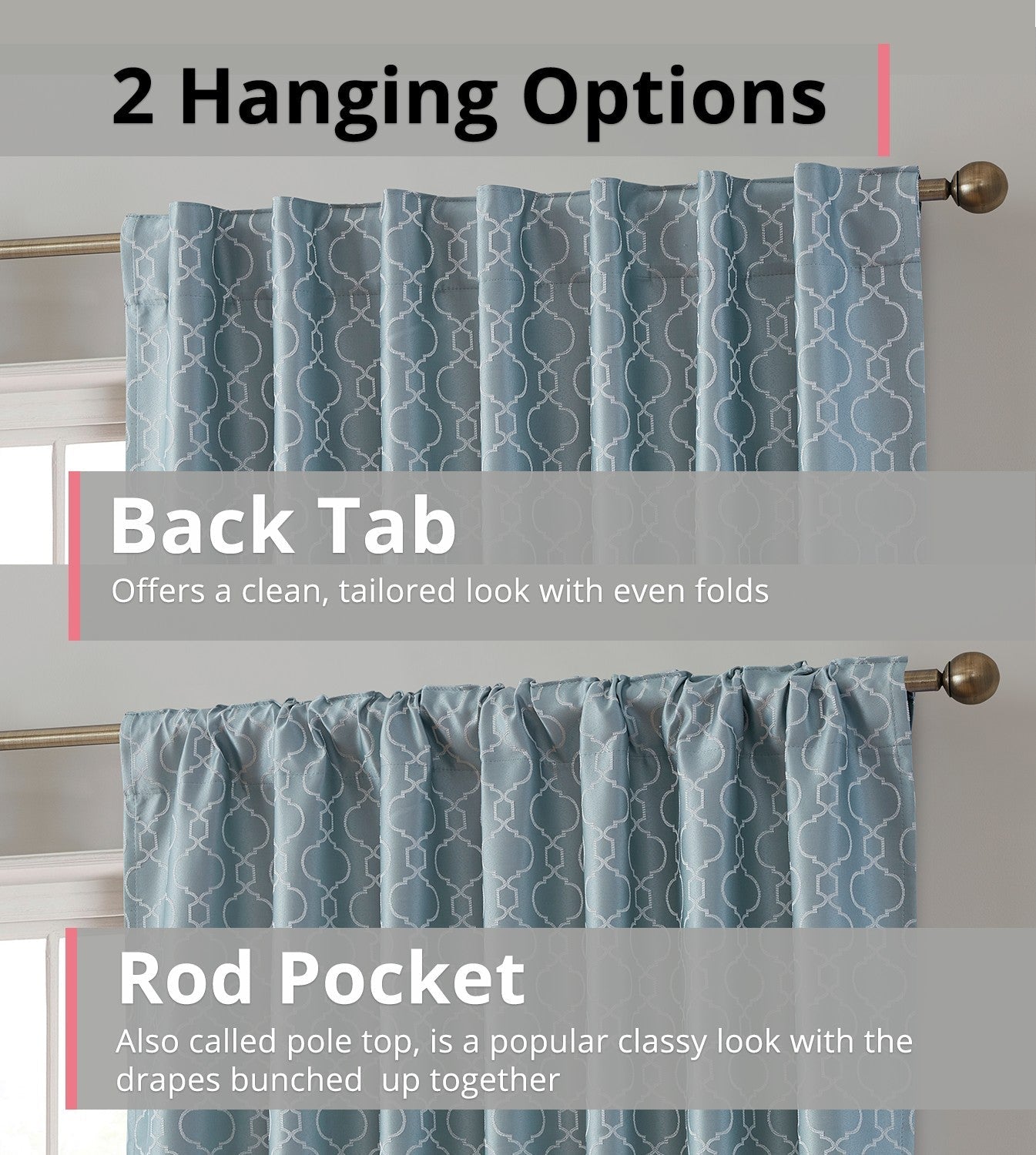 THD Riley Moroccan 100% Complete Blackout Thermal Insulated Energy Savings Heat/Cold Blocking Back Tab Rod Pocket Curtain Drapery Bedroom & Living Room, 2 Panels