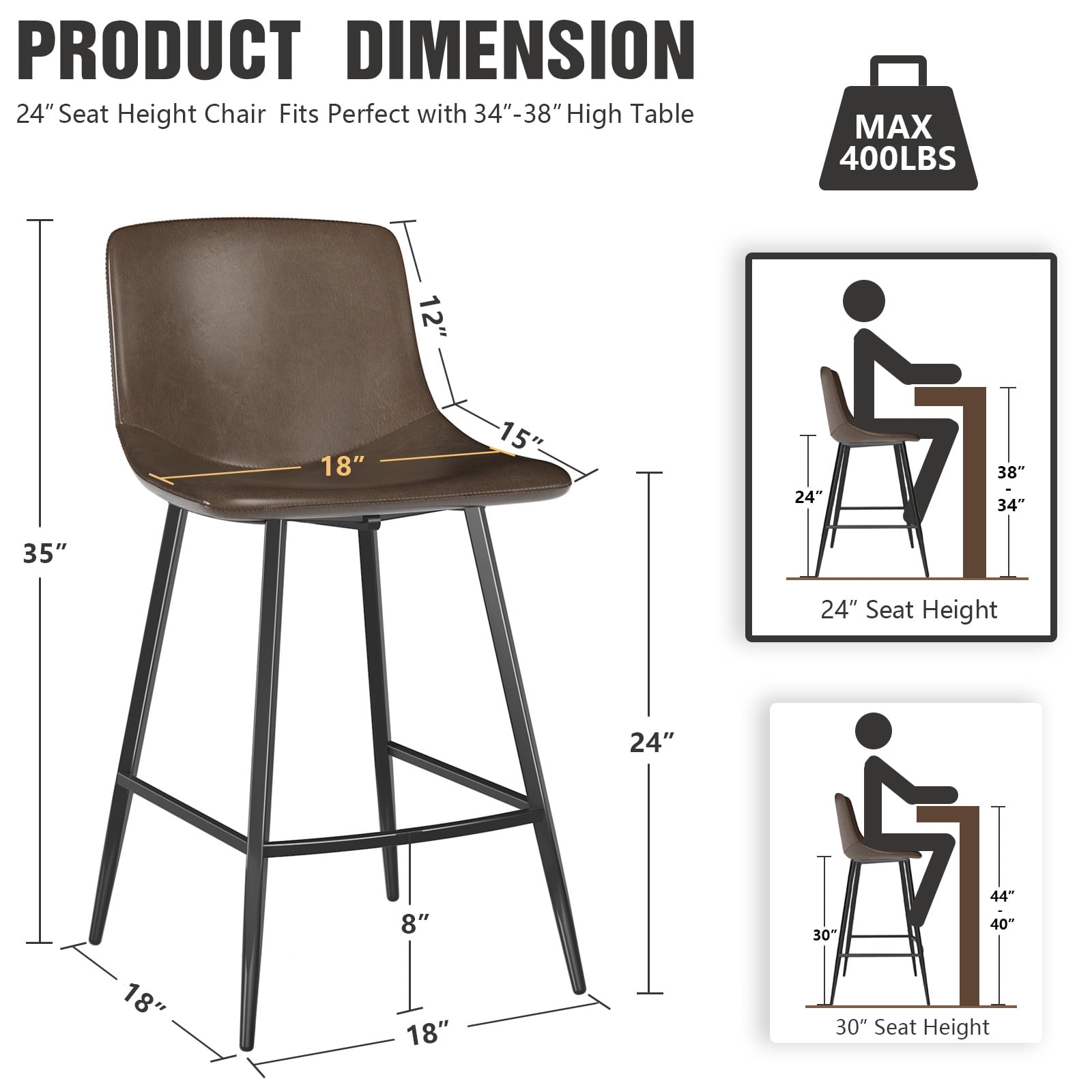 TAVR Furniture Adult Mid Back 600 lbs and Faux Leather Counter Height Bar Stools - Set of 2, Brown