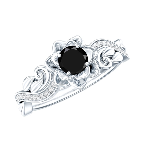 Rosec Jewels Natural Black Onyx Flower Engagement Ring for Women - Black Onyx Diamond Ring - AAA Quality - with Jewelry Box, 925 Sterling Silver, US 4.00