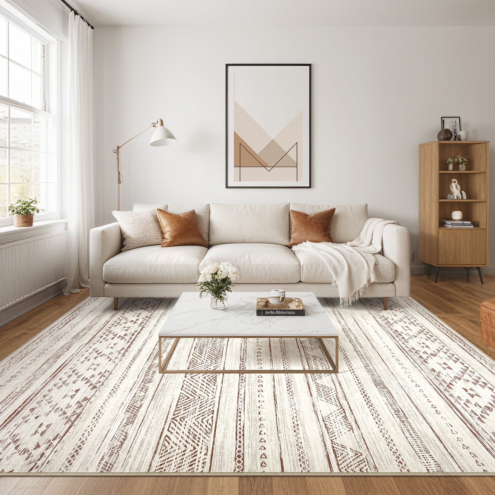 Toyoso 5x7 Area Rug Living Room Rugs - Washable Large Soft Boho Neutral Geometric Moroccan Modern Rug for Bedroom Dining Room Home Office Non Slip Low Pile Farmhouse Carpet Indoor - Brown