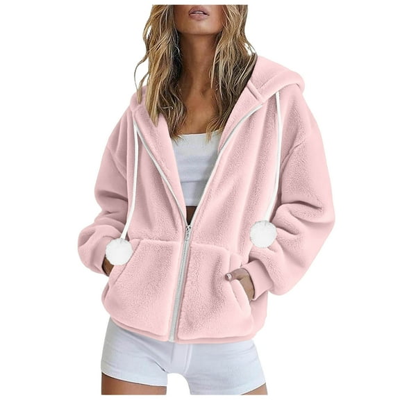 Htigea Womens Fuzzy Fleece Hoodies Full Zip Up Sweatshirts Casual Fall Hooded Long Sleeve Outerwear Jackets with Pockets Pink S