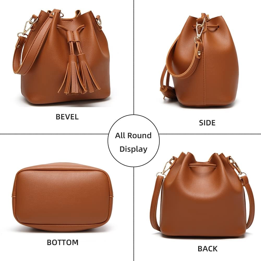 HMSHA Womens Mini Bucket Bag Leather Drawstring Handbag Tassel Shoulder Purse Retro Crossbody Wallet with Adjustable Straps