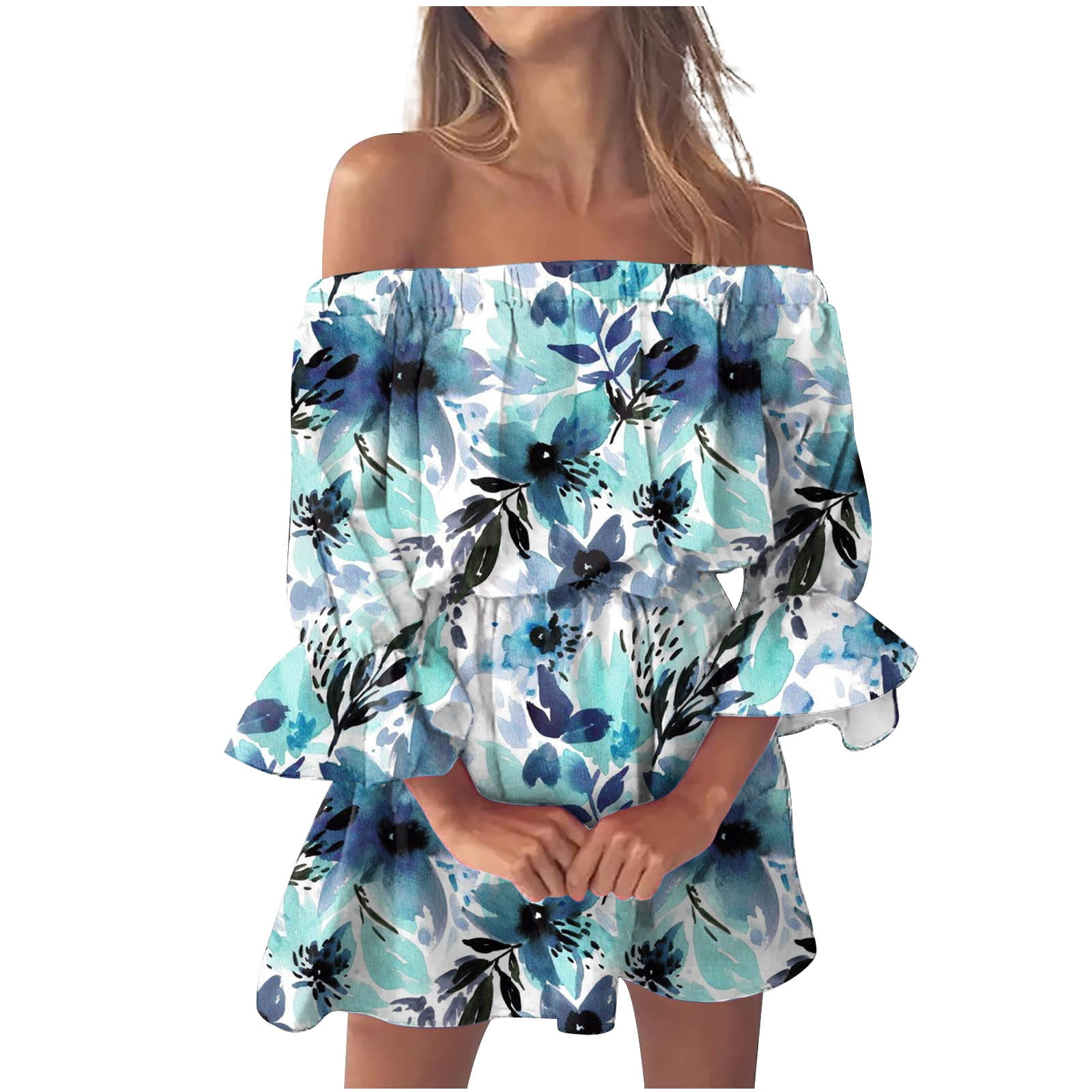 fartey Womens Boho Off Shoulder Sundress Tunic 3/4 Ruffle Sleeve Floral — free download