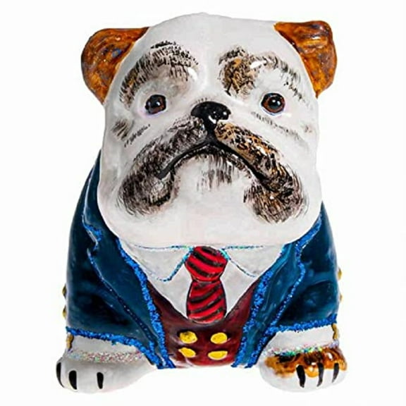 Brown and White Bulldog in Business Outfit Polish Glass Christmas Ornament
