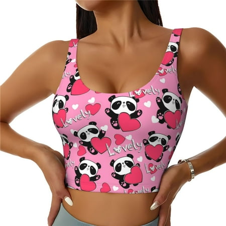 Jgfou Panda Heart Valentine Print Womens Sports Bra - Padded Workout Sports Bras Crop Tank Top